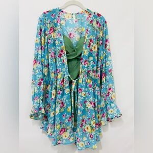 Baby Blue Floral Semi-Sheer Long Sleeve CoverUp/Lingerie Open Front Tie-…